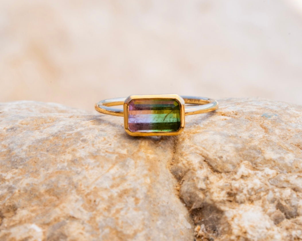 Bicolor/Watermelon Turmalin Ring aus Gold in Zargenfassung