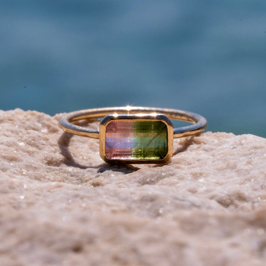 Bicolor/Watermelon Turmalin Ring aus Gold in Zargenfassung